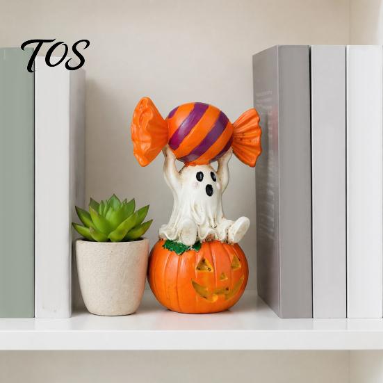 Dark Sweet Room Decor Halloween Ghost Figurine, Cute Sitting on Pumpkin Holding Candy Unique Home Collection Statue, Spooky Resin Table Ornament