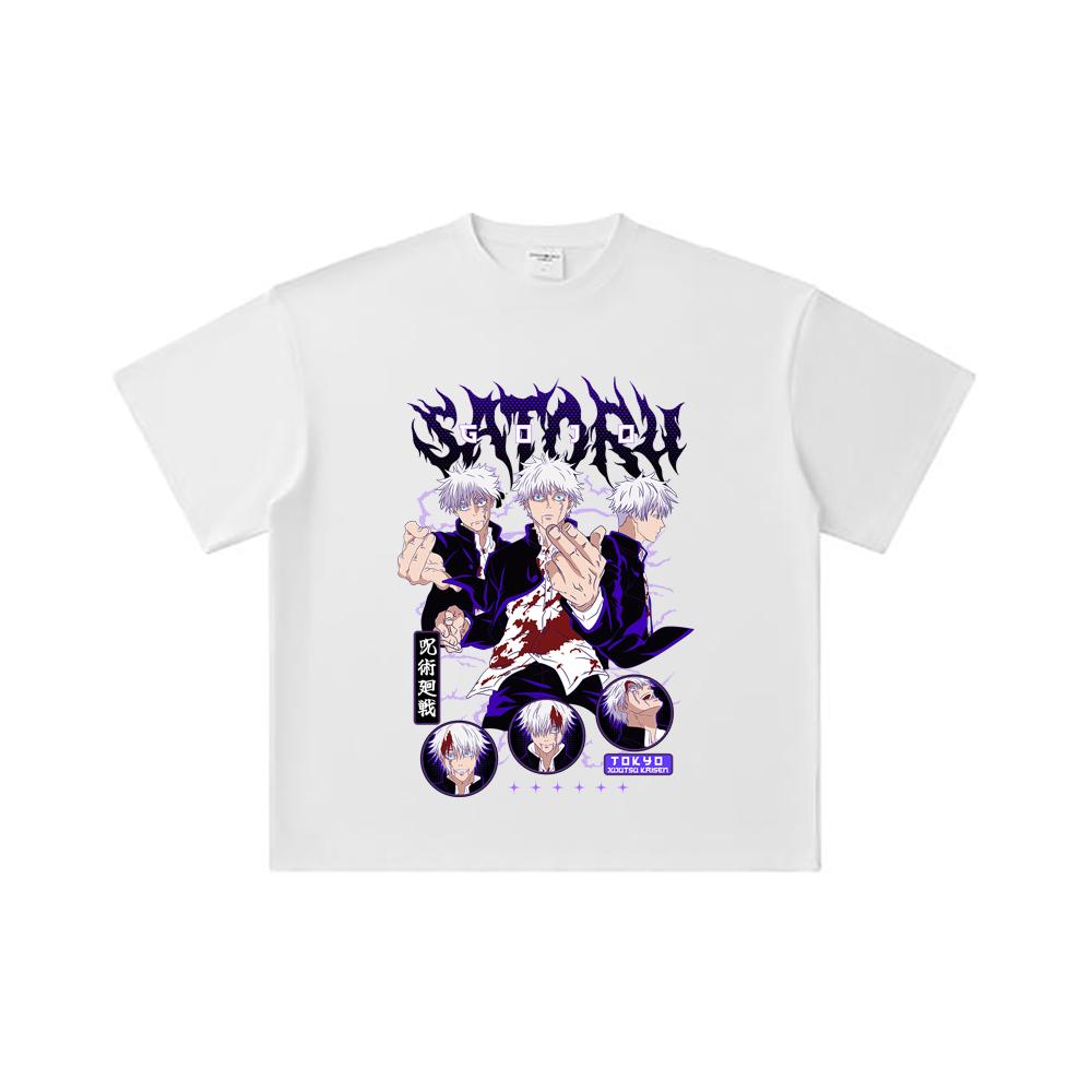 260 GSM Double Yarn 32 Count 100% Cotton Jujutsu Kaisen V6 Gojo Print Unisex Heavy Cotton T Shirt