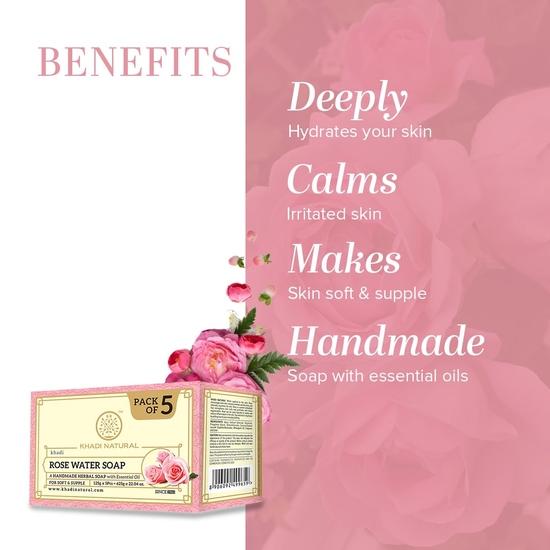 KHADI NATURAL Ayurvedic Rosewater Handmade Soap| Hyderates & Nourishes Skin| Vitamin-Rich (Pack of 5) (5x125 G) (625 G)