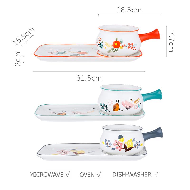 Керамическая салатница с цветочным узором, прямоугольная тарелка, миска для выпечки пасты, столовые приборы для завтрака (1 миска с ручкой + 1 обеденная тарелка)