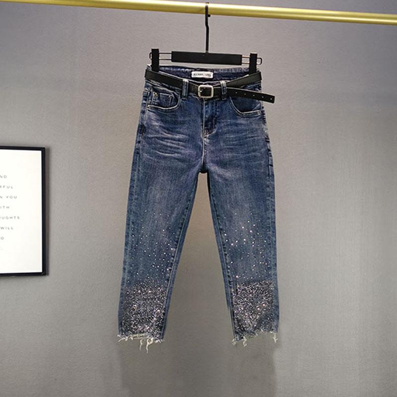 2024 Summer Women's Slim Fit High Waist Diamond-Embellished Cropped Denim Pants