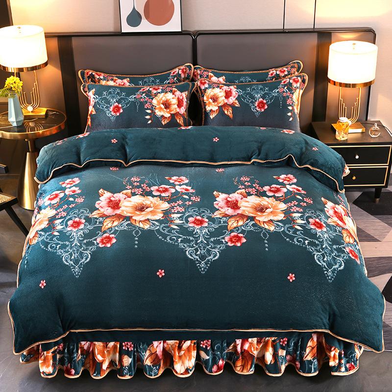 Комплект из 4 предметов плюшевого осенне-зимнего комплекта из утолщенного теплого флиса, простыни, пододеяльника с принтом, подзора для кровати, комплект для дома