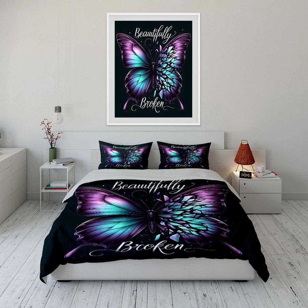 3Pcs Beautifully Broken Butterfly Bedding Set, Purple and Teal Shattered Wing Print Duvet Cover + 2 Pillowcases,great Decor