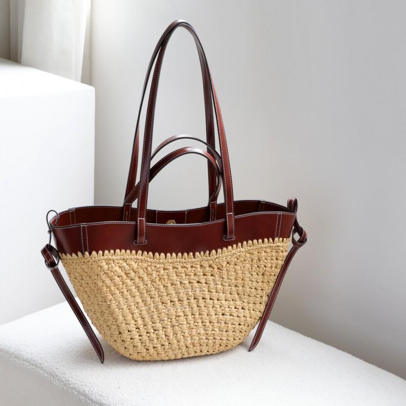 Large Woven Straw Crossbody Bag With Leather Trim Open Top Beach Tote Vacation Lightweight Casual Handbag