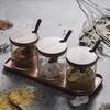 Seasoning Box Wood Lid Cooking Tools Glass Sugar Milk Powder Spices Storage Case for Home