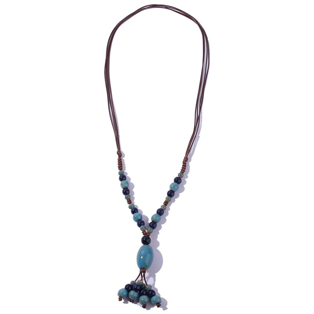 Ceramic Beaded Long Necklace for Women's New Antique Style Pendant Necklace Color Block Adjustable Sweater Chain