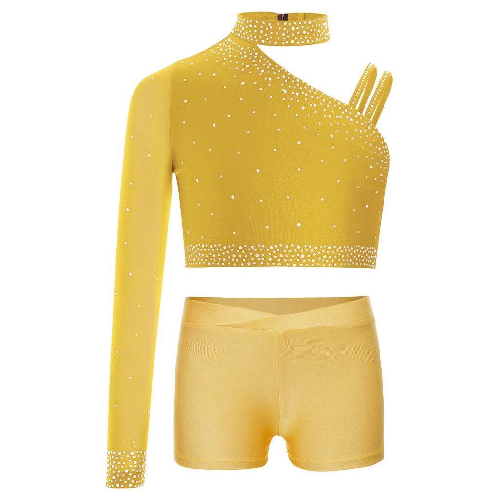 Топ для танцевальных выступлений для девочек, блестящий стразами, кроп-топ на одно плечо с асимметричным вырезом, V-образным вырезом спереди и поясом, шорты