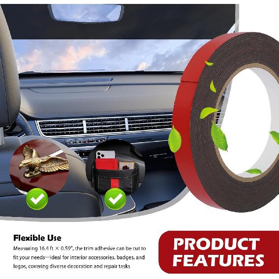 16.4Ft x 0.59" Automotive Double Sided Tape,High Adhesive Double Sided Automotive Tape for Car Badge/Automotives Trim,Versatile Double-Sided Tapes