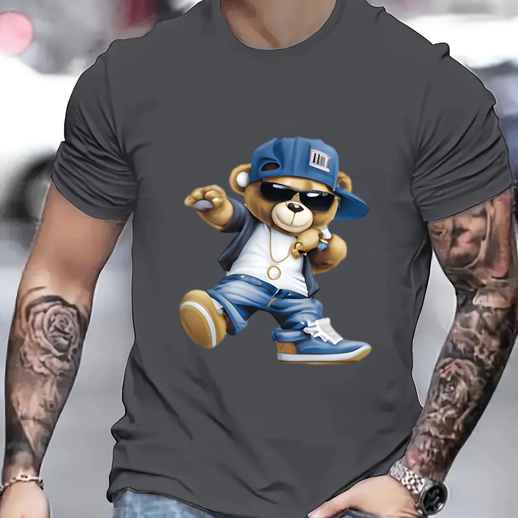 Мужская летняя модная повседневная спортивная футболка свободного кроя из 100 хлопка с принтом в виде мультяшного крутого медведя и круглым вырезом с коротким рукавом