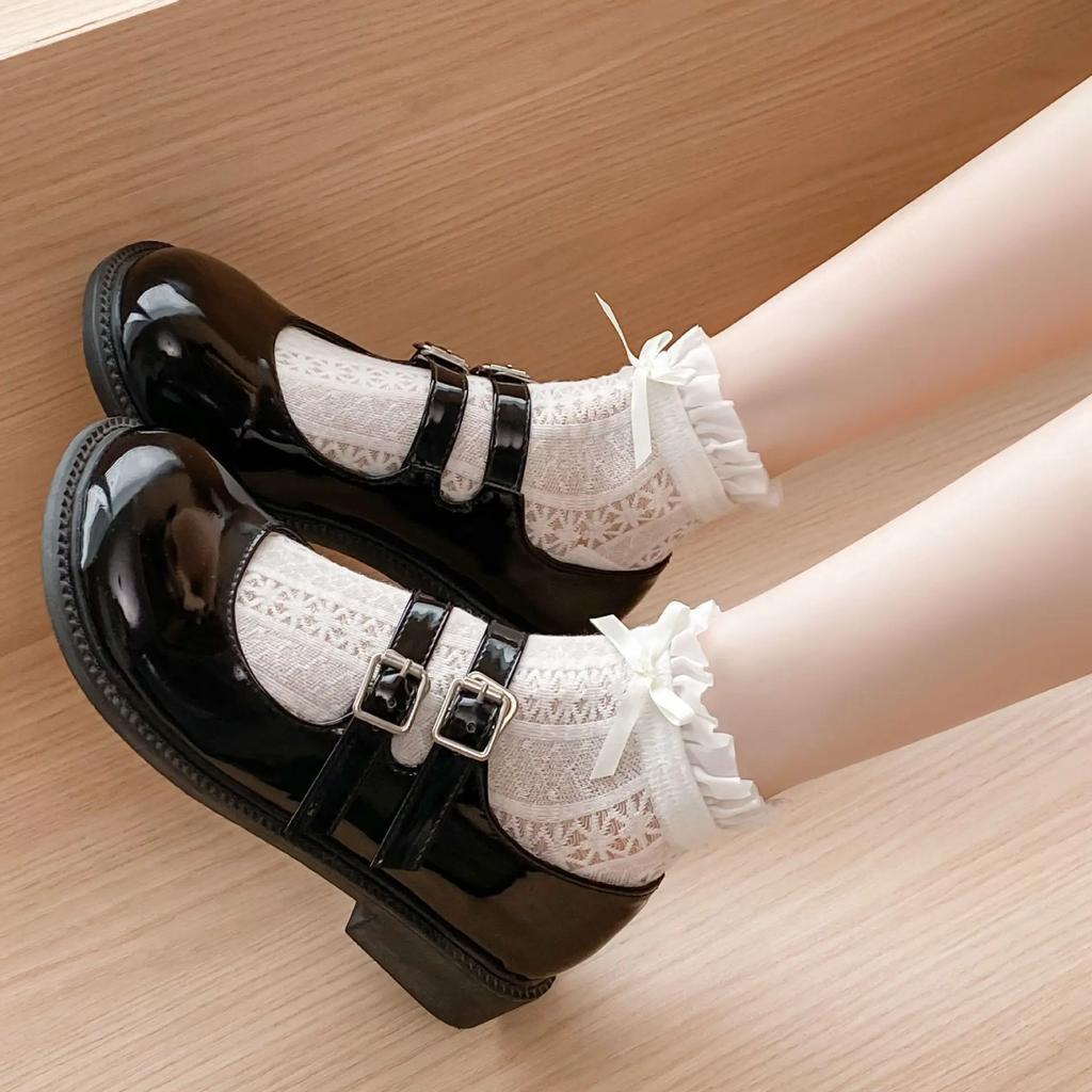 Lace Ruffle Socks Women Cute Bow Sweet Girl Lolita Kawaii Princess Socks Hollow Out Mesh Thin Breathable Black White Short Socks