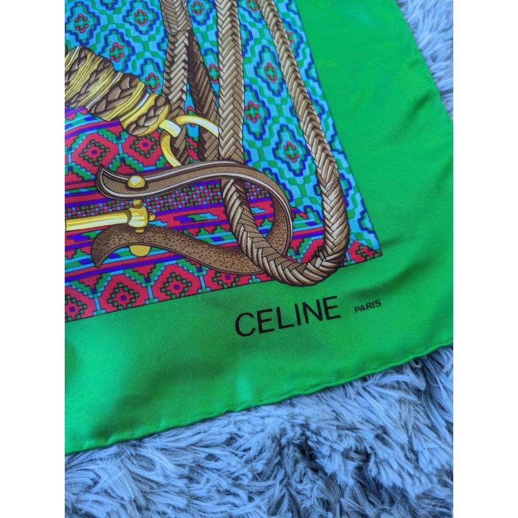 Б/у Отличное состояние CELINE большой 100% шелковый платок, сделано в Италии, шелк, конный, цепь, зеленый, ремень, ИТАЛИЯ