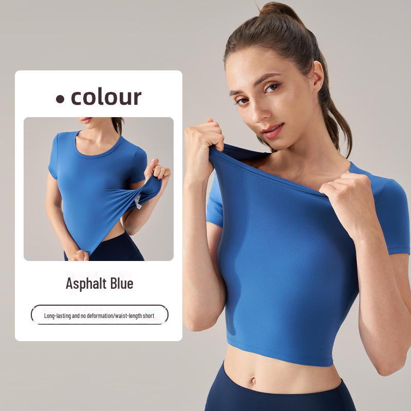 Женские летние топы для йоги из лайкры с круглым вырезом и коротким рукавом — высокая эластичность, удобная посадка для фитнеса и спорта.