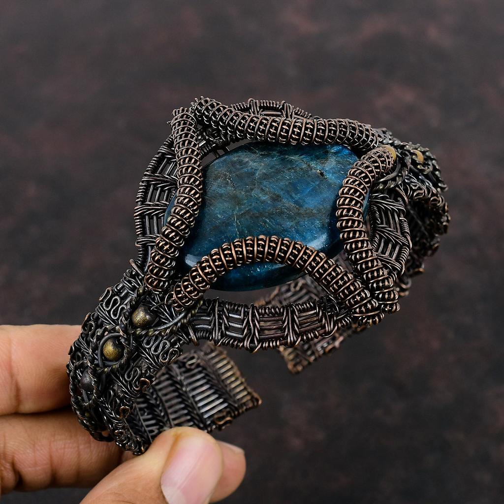 Браслет-манжета с неоновым апатитом, браслет с драгоценными камнями, браслет-манжета из медной проволоки, ювелирные изделия из медной проволоки ручной работы, регулируемый браслет, подарки для мамы