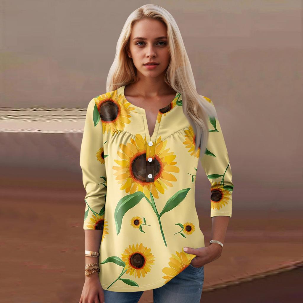 Женская мода повседневный топ с длинным рукавом и круглым вырезом с цветочным принтом