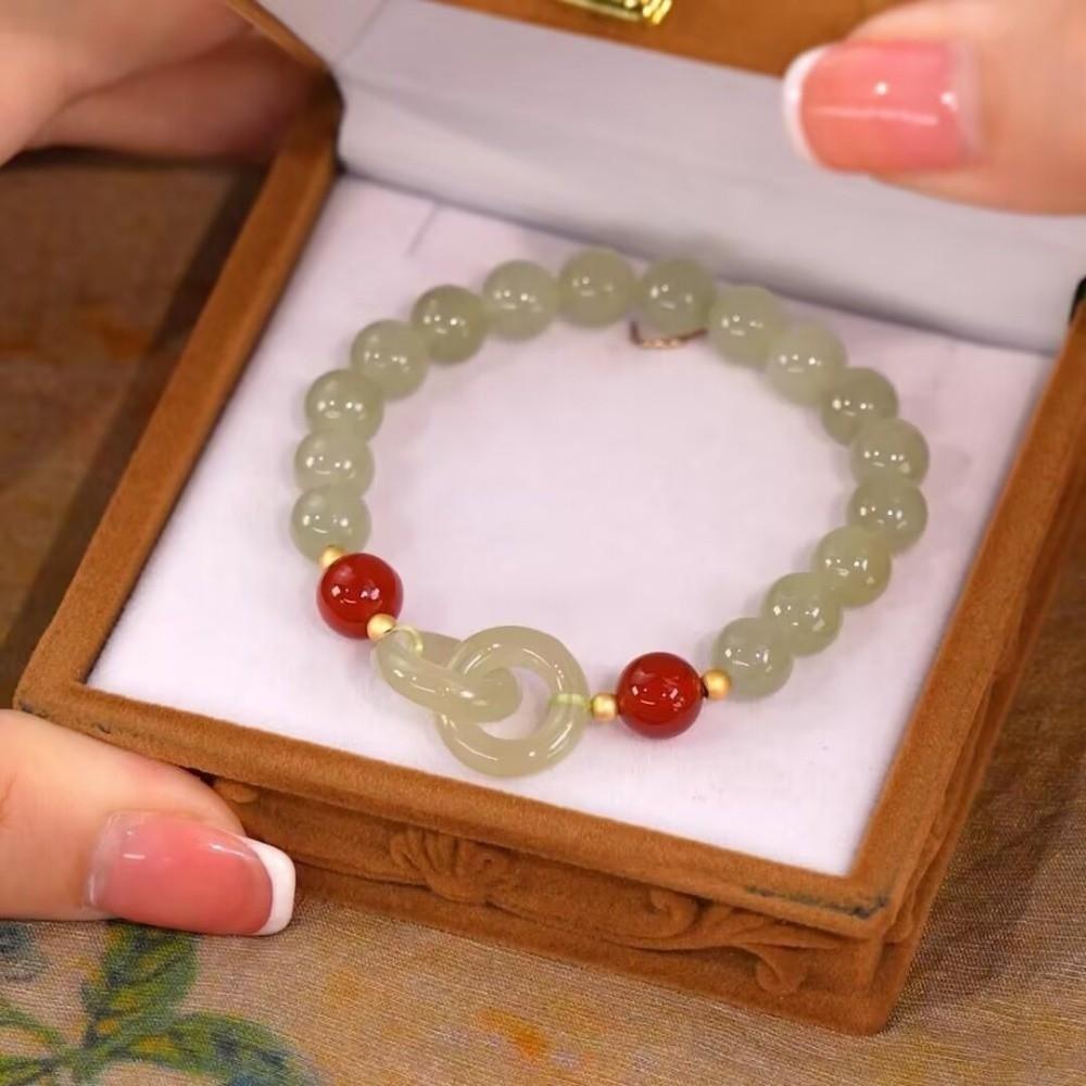 Heart Buckle Chalcedony Bead Bracelet Double Ring Design Bangle Jewelry  Women Accessories