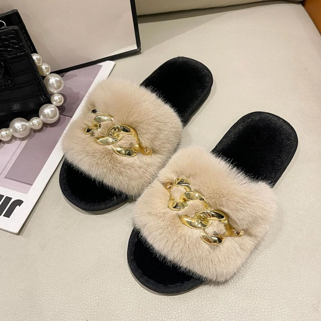 Fashion Chain Design Women Home Slippers Solid Color Open Toe Indoor Winter Flat Non-slip Leisure Interior Female Shoes 2025