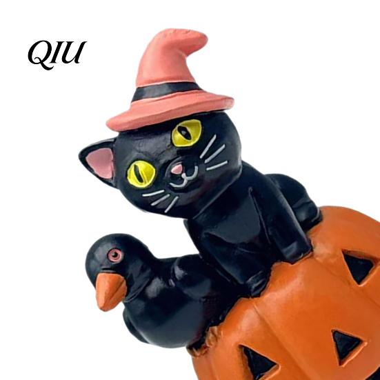 Pink Wizard Hat Cat Halloween Pumpkin Figurine, Retro Black Stacked Resin Decorations Tabletop Figurine for Table Desk Office Mantel Home Fireplace