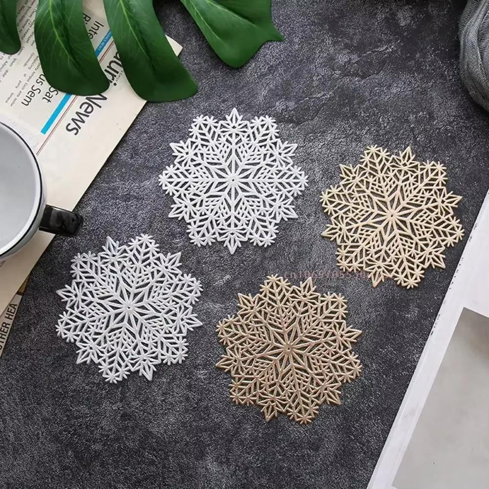 4PC Snowflake Shape Drink Cup Coasters Kitchen Mat PVC Placemat Hot Pad Table Placemats Dining Table Mat Non-Slip Kitchen