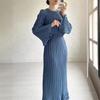 Pleated Maxi Dress Long Flared Sleeves Fitted Waist Elegant Women's Party Dress Casual Ankle-Length