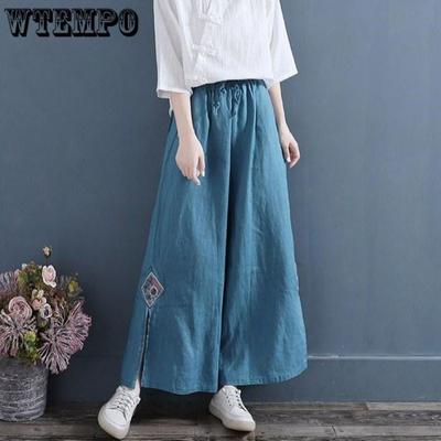 Женские хлопково-льняные брюки в китайском стиле, брюки с широкими штанинами, летние ретро вышитые свободные брюки с широкими штанинами