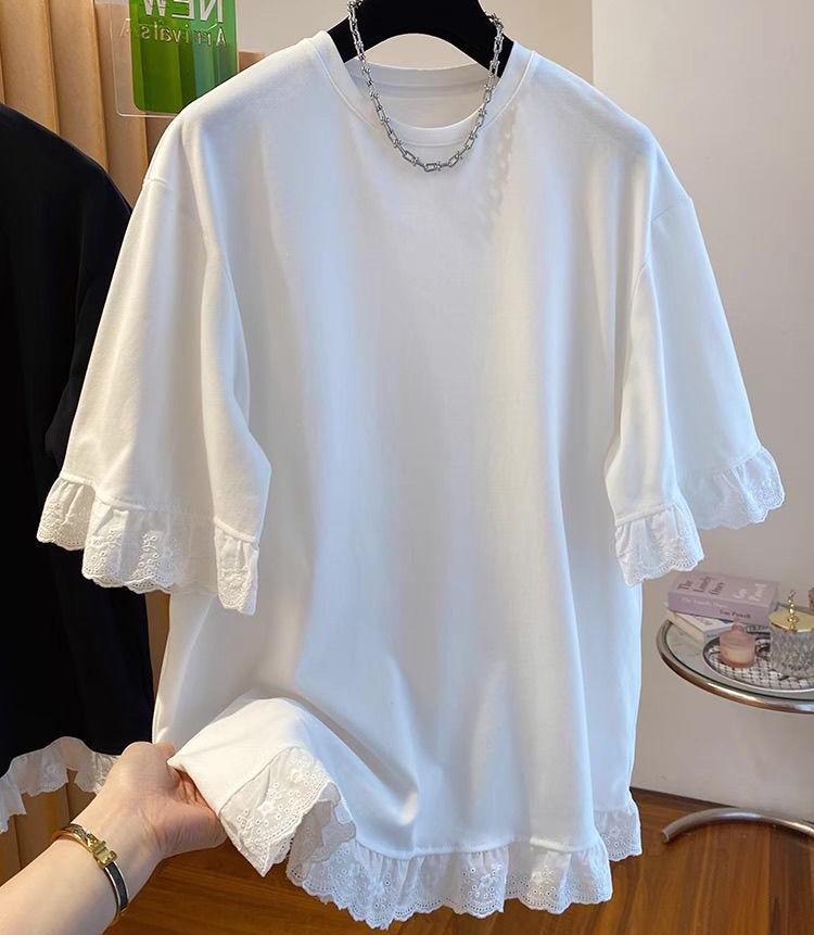 Plus Size Women Korean Style Short Sleeve T-Shirt Loose Fit Lace Splice Half Sleeve Tops Summer Cotton Crew Neck T-shirts