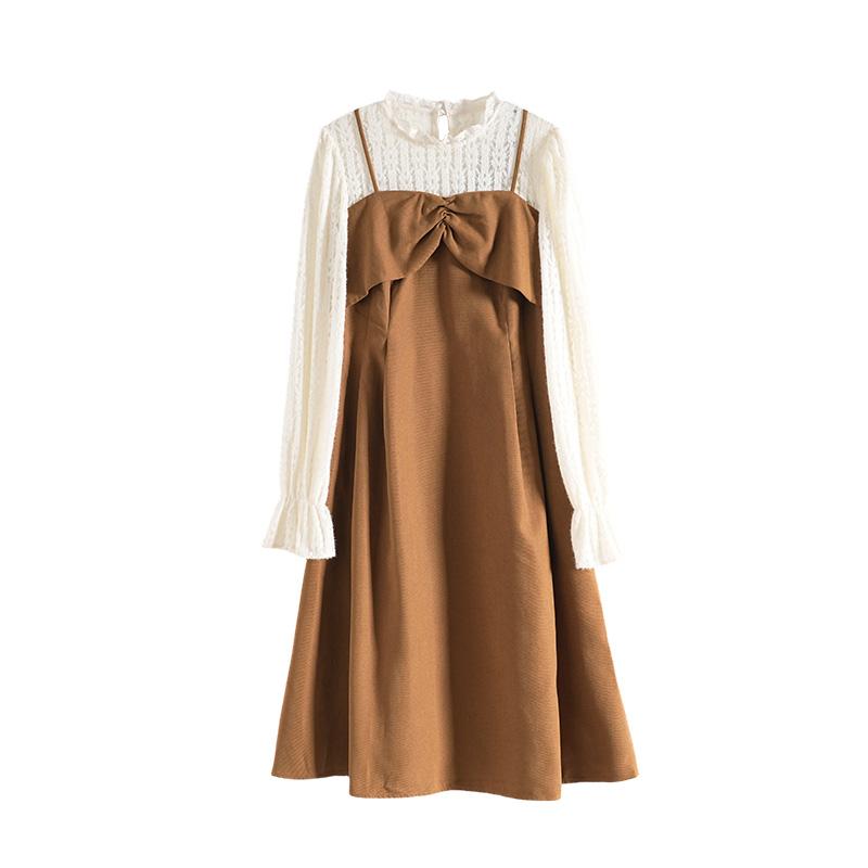 Maslan Spring and Autumn Ladies Fashion Fake Two-piece Head Set Splicing Slim Long Sleeve Medium Length Dress