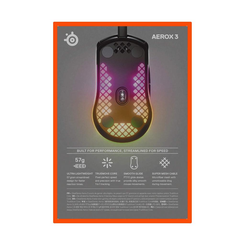 SteelSeries Aerox 3 Ultralight Gaming Mouse CPI TrueMove Core Optical Sensor Ultralight Waterproof Design Universal - - 8,500 - - USB-C Connection.