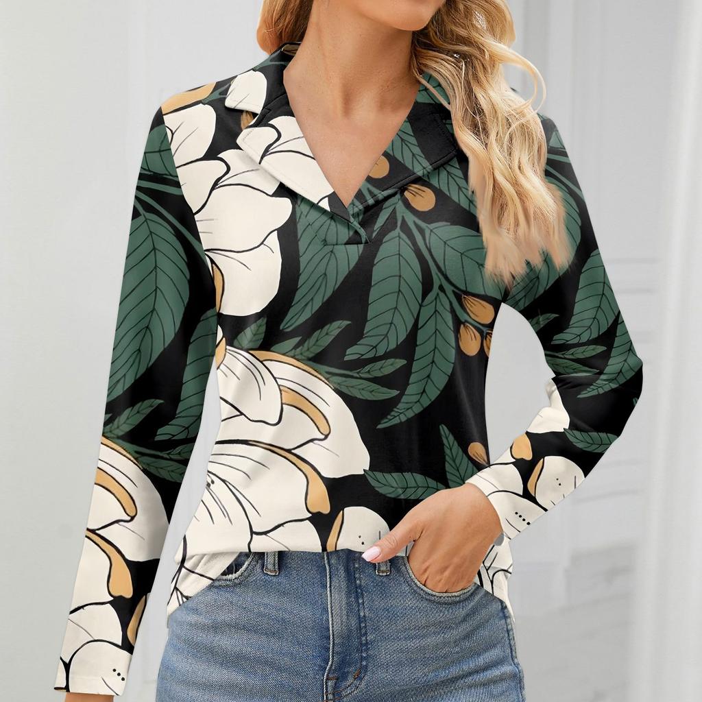 Women's Fashion Leisure Long Sleeve V Neck  Flower Printing  Top