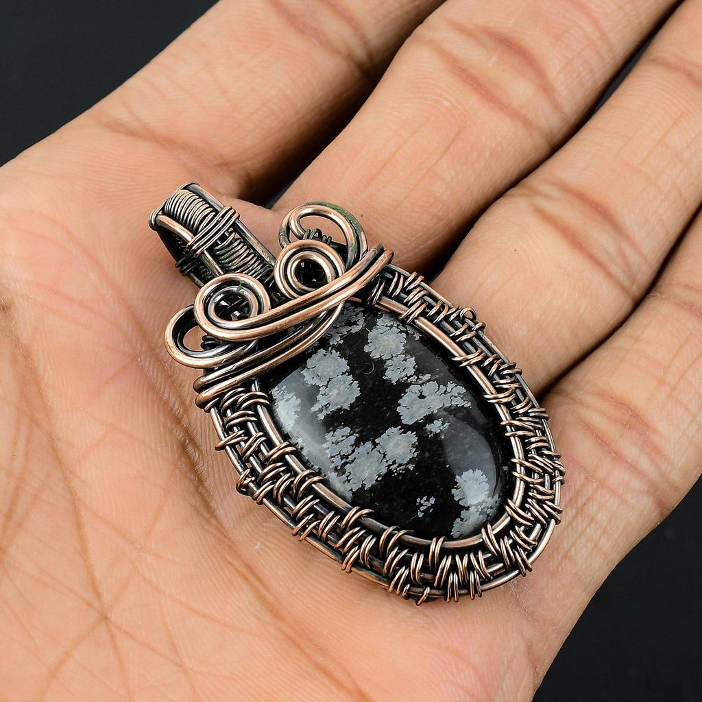 Snowflake Obsidian Pendant, 999 Copper Wire Wrapped Gemstone Handmade Dainty Jewelry Pendant, For Her