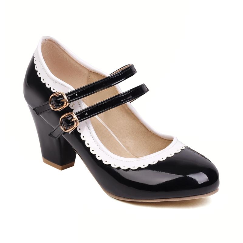 Fashion Sweet Women's Heels Size 45 Pumps Lolita Mary Janes Shoes Big Size Elegant Black Red Pink Heeled Office Wedding Shoes For Girls