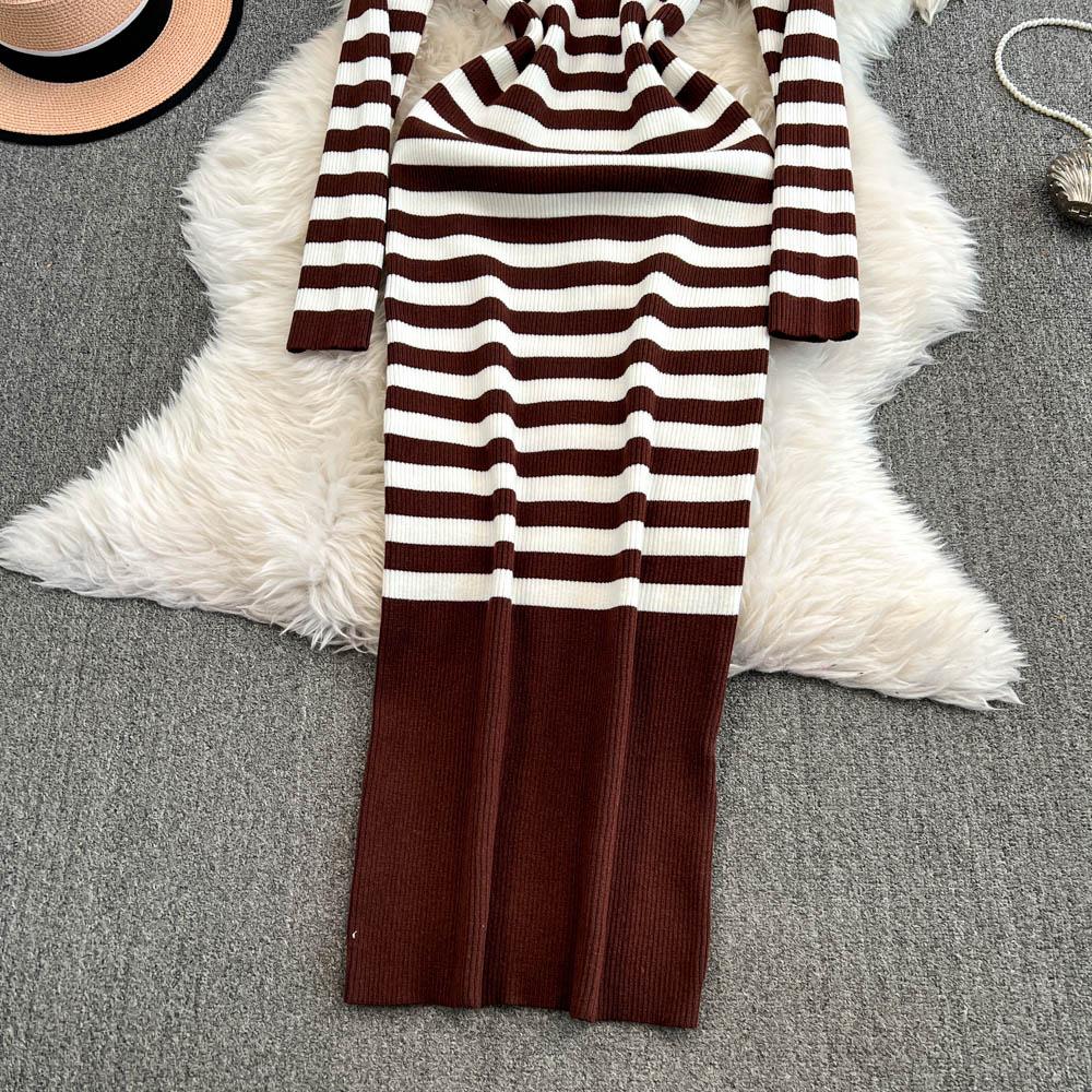 Платье-футляр с открытыми плечами Falda Sexy Mujer Slash Neck Striped Color Block Slim Knitted Bodycon Dress Autumn Wrapped Dresses ChicDresses