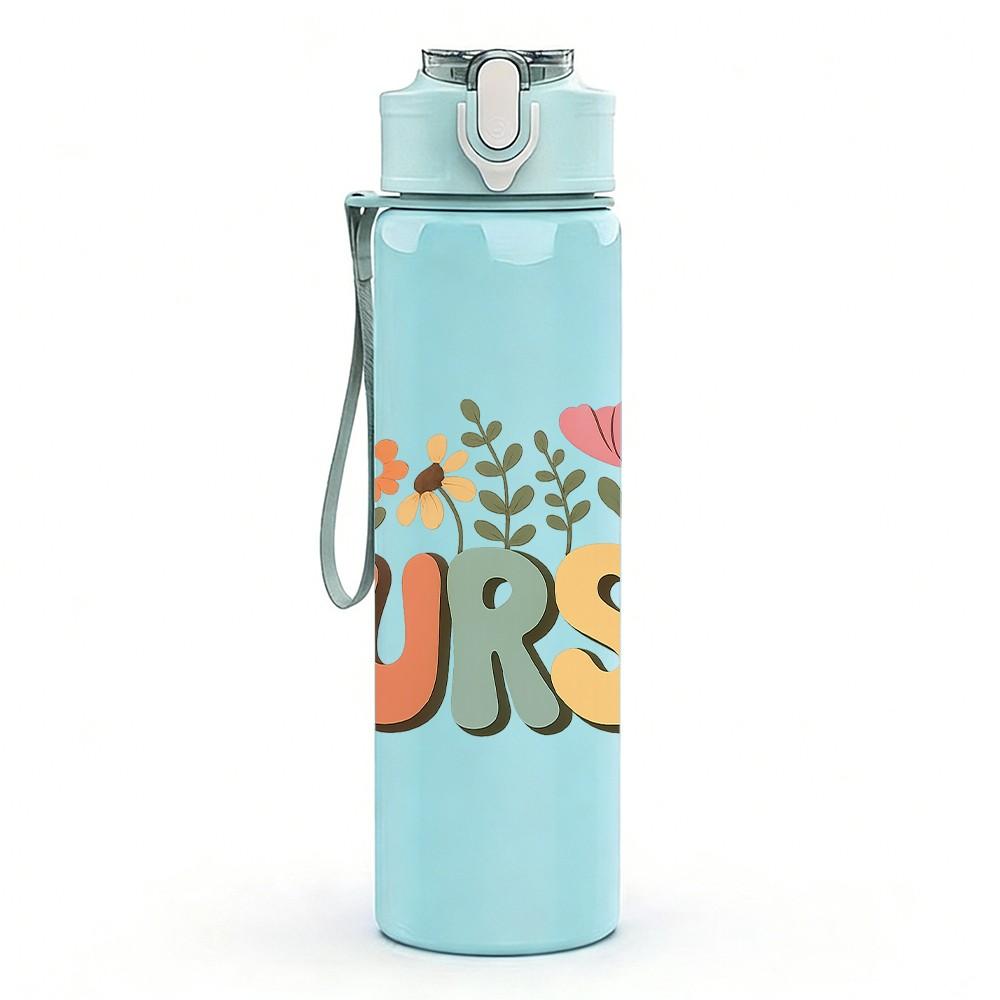 1PC Nurse Floral Letter Graphic 750ml Color Plastic Sports Water Bottle Leakproof Flip Straw Lid For Sports Office Home Use