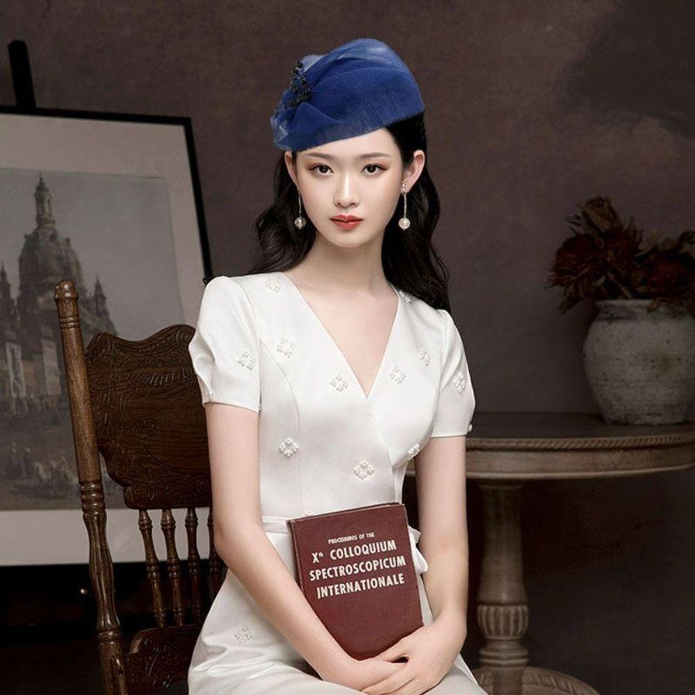 Bead Mesh Hair Hoop French Style Hat Shape Hairband Vintage Yarn Half Hat Headband Girl