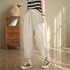 2025 летние новые однотонные повседневные брюки Харлан женские свободные литературные эластичные брюки с девятью точками на талии из хлопка и льна