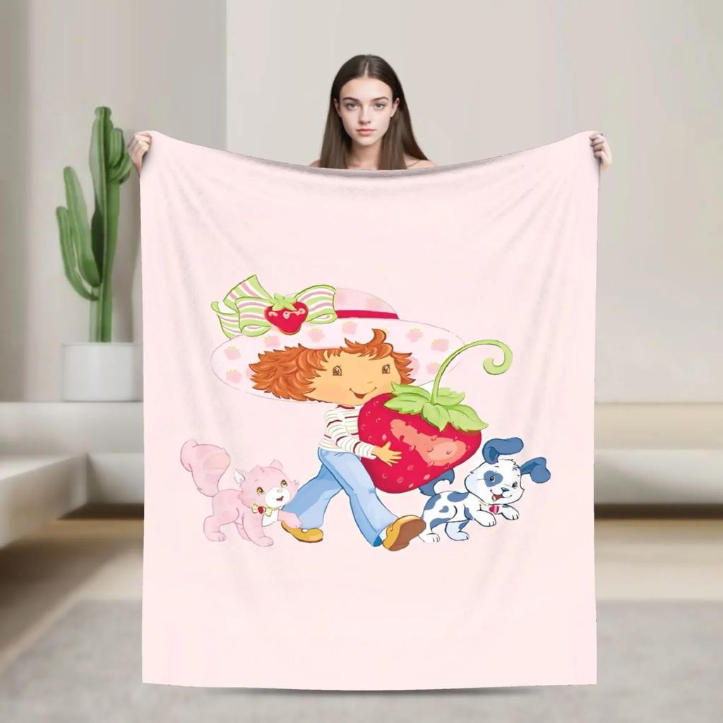 Soft Flannel Throw Blanket for Couch Chair Aesthetic Bedspread with Strawberry Shortcake Design for Kids Boys Girls