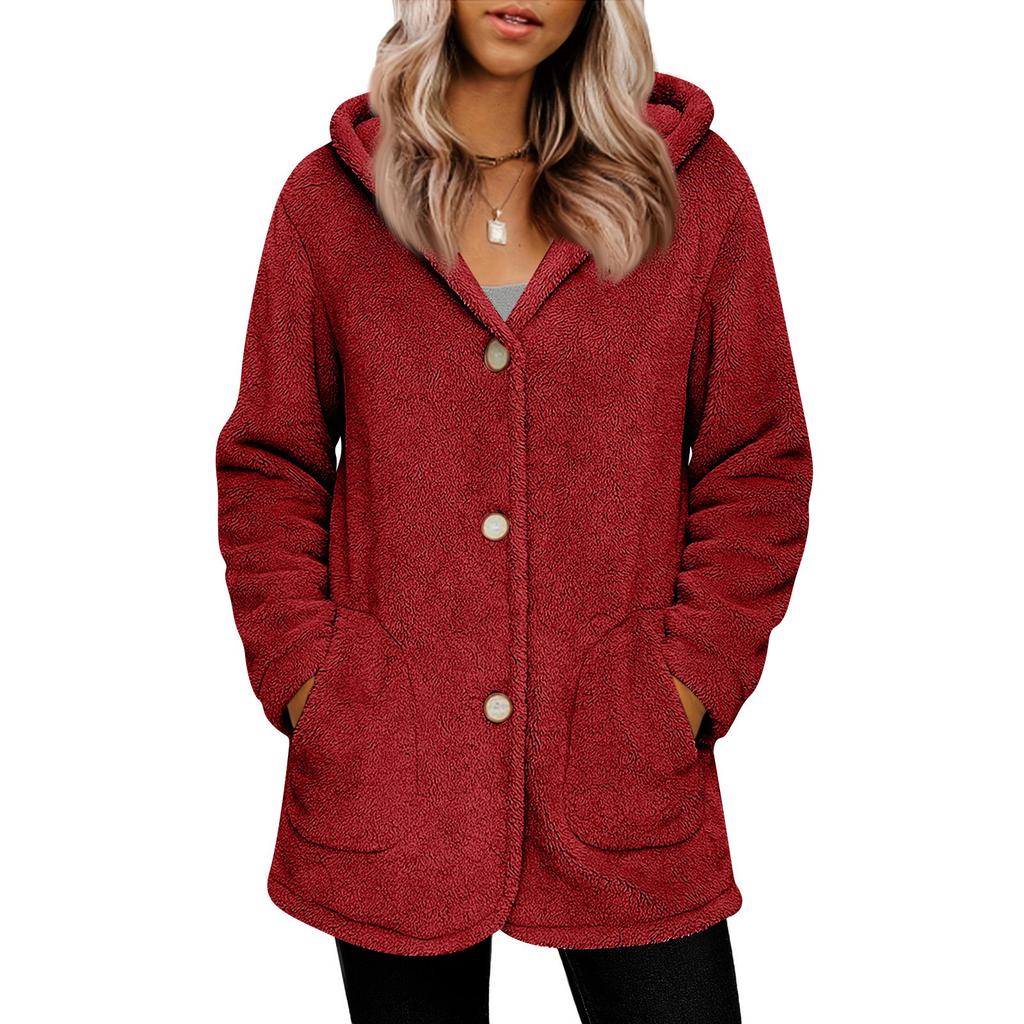 Women's Fashionable Solid Color Long Sleeved Pocket Loose Hooded Button Plush Jacket