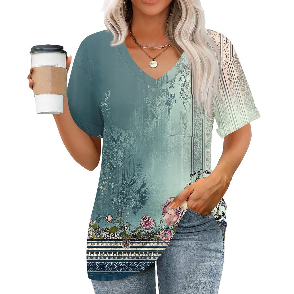 Womens Tops V-neck Short Sleeve Blouses Casual Fashion Print Tunic Tops With Pockets