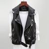 Women Vest Coat Faux Leather Smooth Surface Belt Decor Turn-down Collar Zip-up Sleeveless Zipper Pockets Retro Motorcycle Waistcoat Commuting