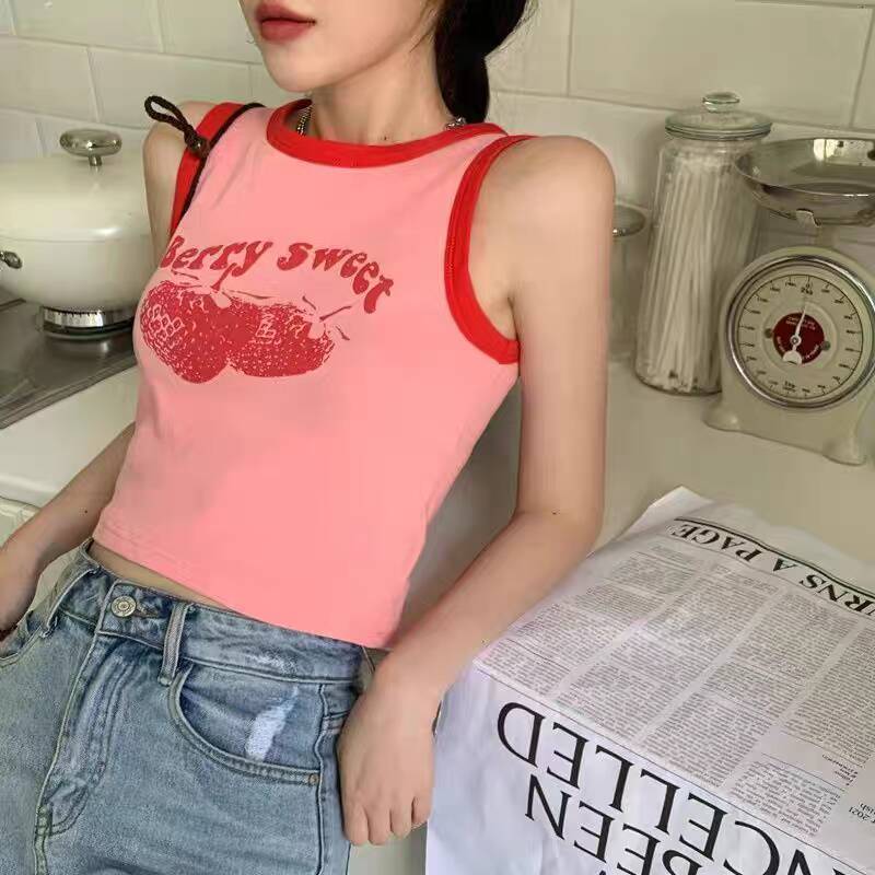 2024 Розовый жилет Y2k с принтом, летний модный винтажный укороченный топ без рукавов с открытыми плечами