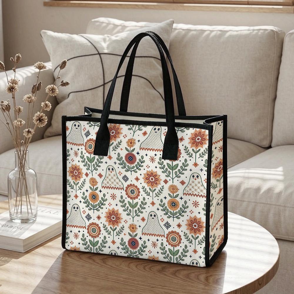 Cute Floral Ghost Print Tote Bag for Daily Shopping Commuting Casual Lightweight Carryall Bag