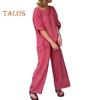 2Pcs/Set Women Casual Outfit O-neck Long Sleeve Tops Elastic Waist Wide Leg Long Pants Set Solid Color Loungewear