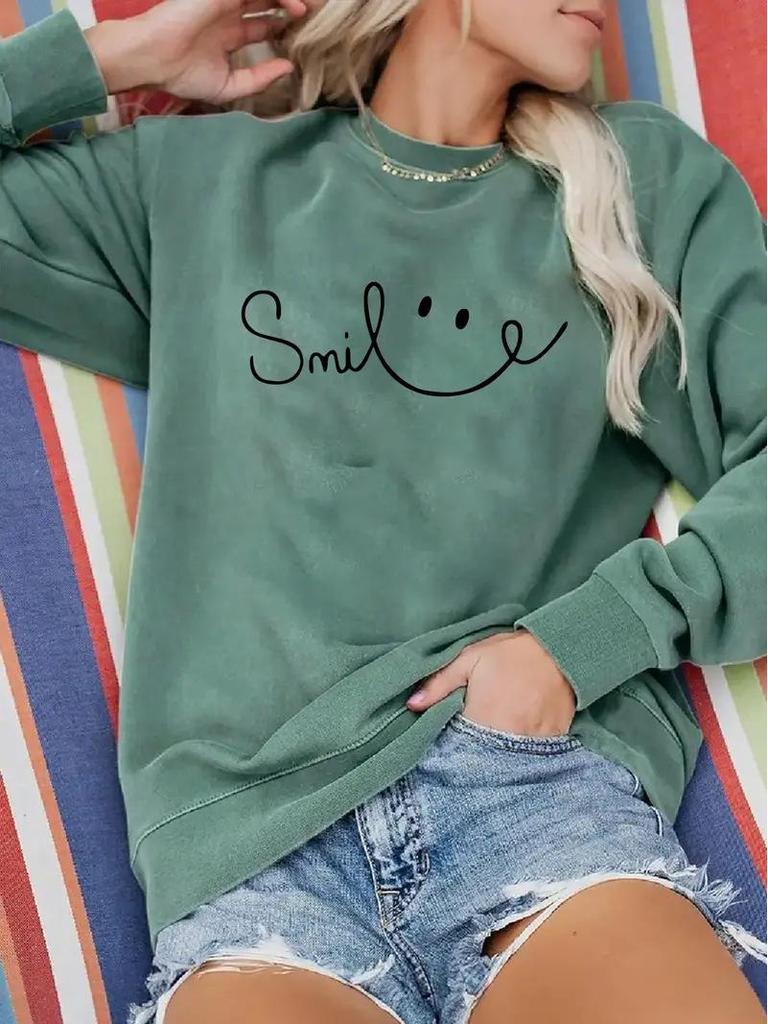 Women's Geometric Smiley Face Crew Neck Pullover Sweatshirt, Sizes S-3XL