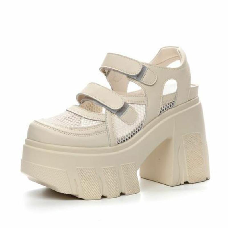 Мода 11 см Воздушная сетка Натуральная кожа Дышащие Туфли-лодочки на крючке Летние Ботильоны Мэри Джейн Сандалии на платформе Массивный каблук Повседневная обувь