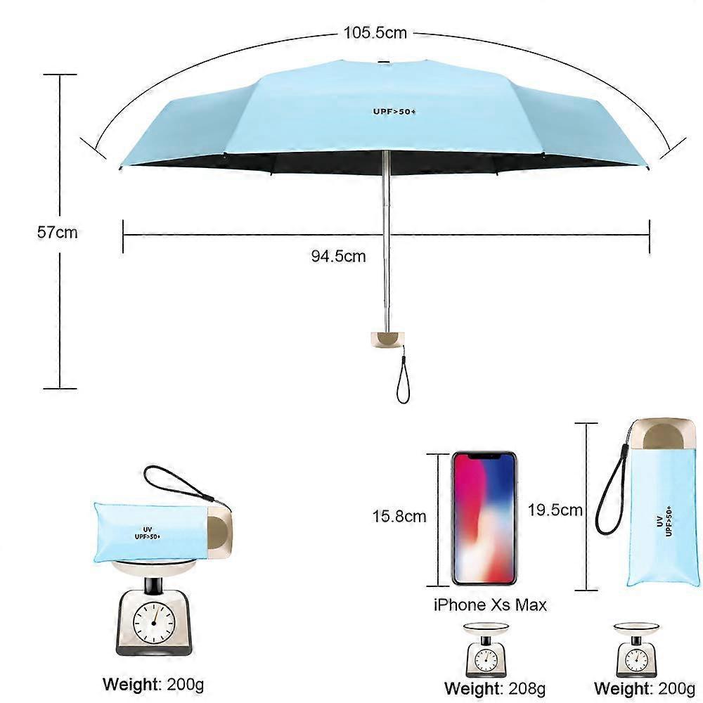 Mini Umbrella, Pocket Umbrella Bluewith Golden Handle, Black Rubber Cloth & 6 Aluminum Alloy Ribs