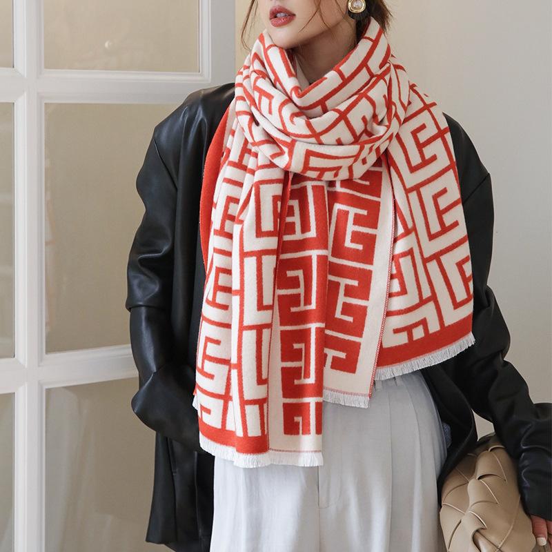 Fall Winter Geometric Warm Scarf Double-sided Cashmere Thick Student Shawl