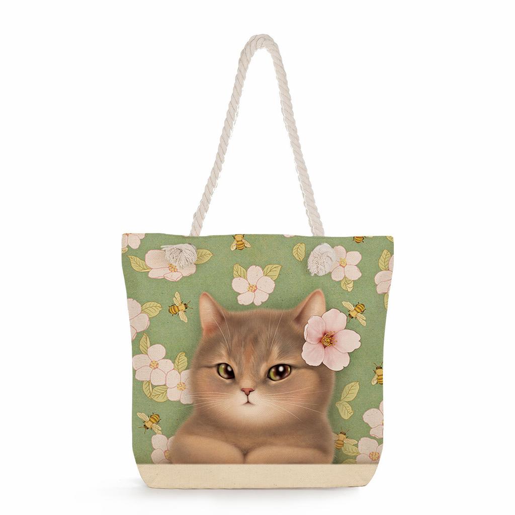 Cat print thick rope single-shoulder beach bag 7215 KTB