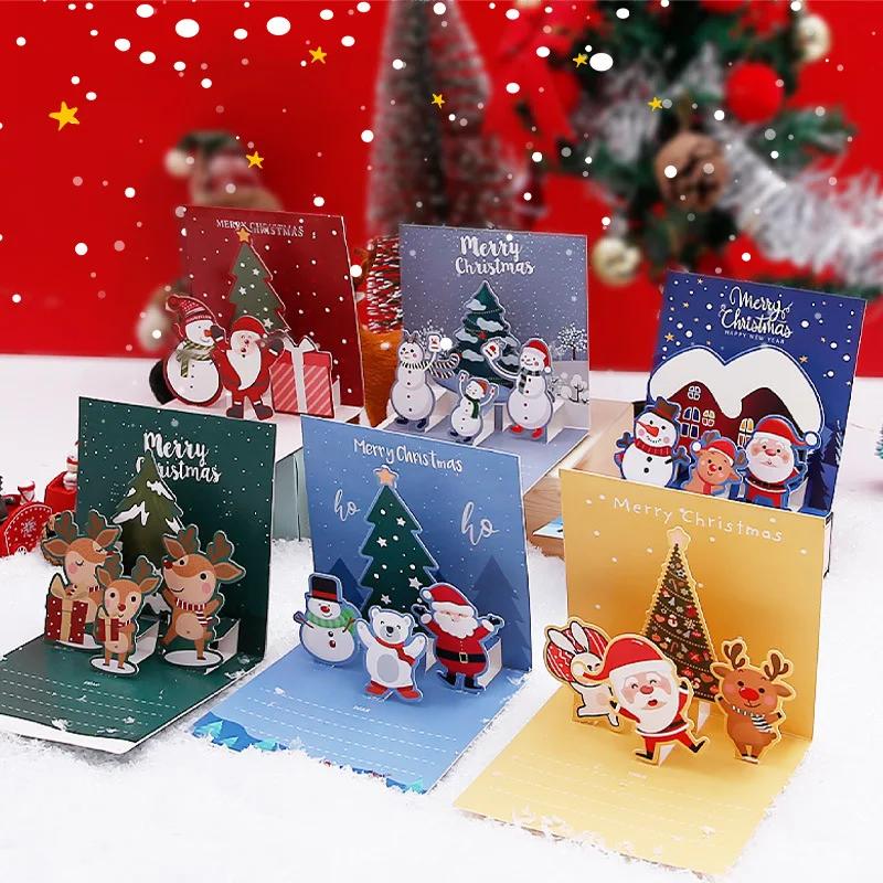 Merry Christmas Three-dimensional Greeting Cards with Envelope Santa Claus Snowman Laser Cut Xmas Happy New Year Greeting Cards
