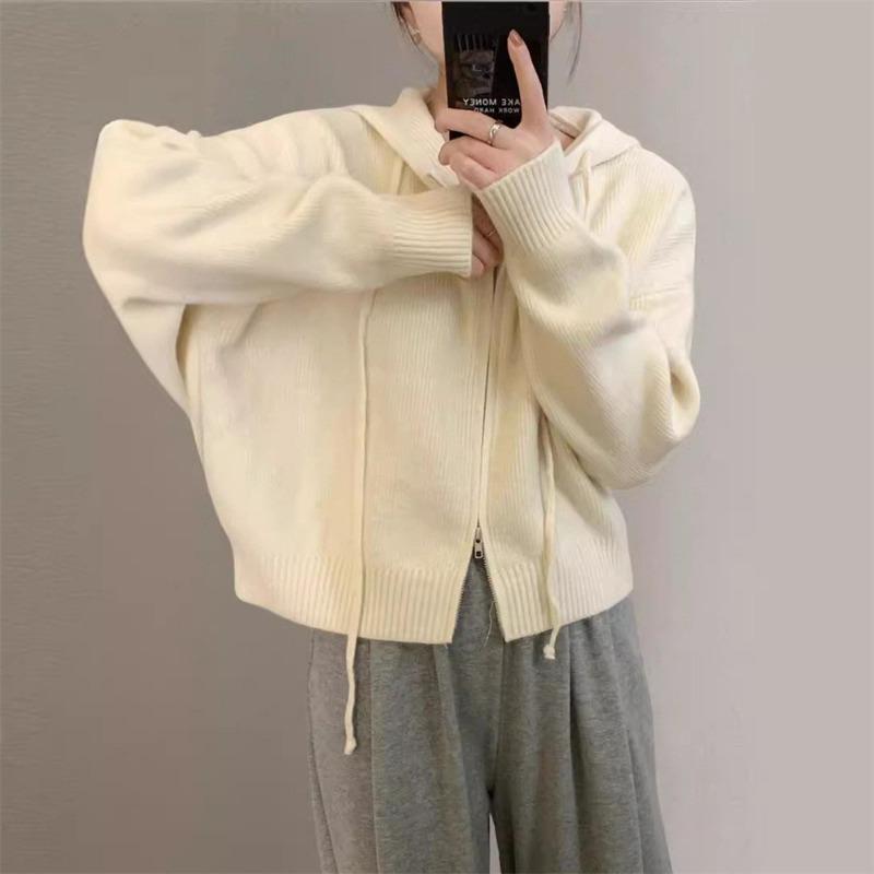 Однотонный вязаный кардиган с капюшоном на двойной молнии, женский осенне-зимний, новый, свободный, повседневный, простой свитер-куртка