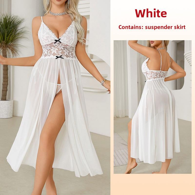 Эротическое нижнее белье большого размера, сексуальная сетчатая кружевная пижама, юбка с разрезом на подтяжках, длинная домашняя пижама