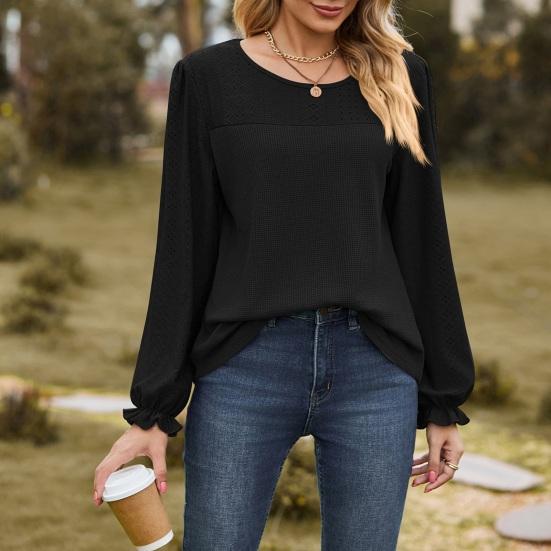 Women Tops Round Neck Puff Long Sleeve Solid Color Tee Shirt with Waffle Decoration Solid Color Loose Fit T-shirt